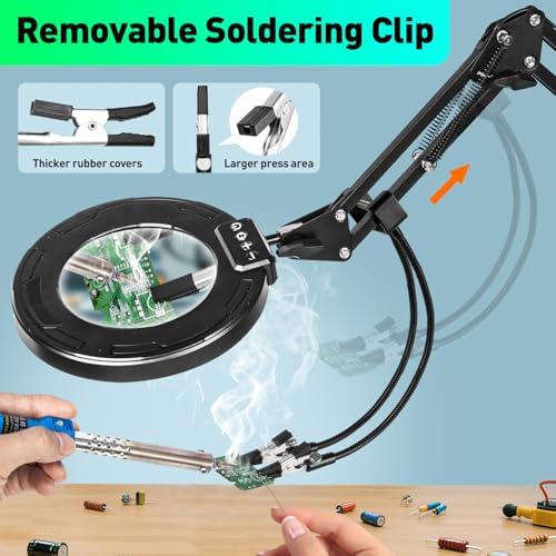 Ultra Long 3-Section Swing Arm 12X Magnifying Glass with Light and Stand, 5 Colors Helping Hands Magnifying Lamp, 4-Way Large Metal Clamp LED Lighted Magnifier Lamp for Craft Workbench Repair