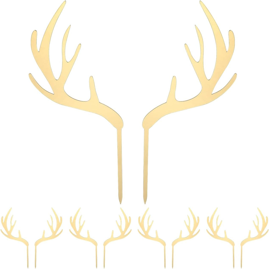 Christmas Antlers Cake Topper Set 5Pcs Gold Acrylic Reindeer Antler Cupcake Toppers and Fruit Picks for Holiday Party Cake Decorations Birthday and Baby Shower Dessert Accessories