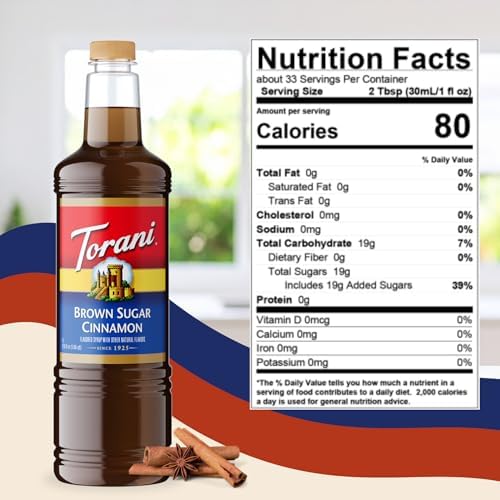 Torani Brown Sugar Cinnamon Syrup 1 Liter Bottle with Pump – Premium Coffee Flavoring Made with Pure Cane Sugar & Natural Flavors for Lattes, Oatmeal, Cocktails & Desserts – Café-Quality Sweetener