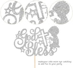 Rsstarxi 1 Pack God Bless Cake Topper Baptism Cake Decoration God Bless Boy First Communion Cake Pick for Baptism Baby Shower Birthday Party Decorations Supplies Silver