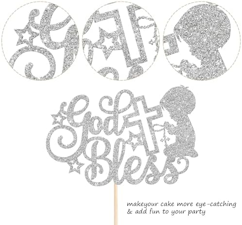 Rsstarxi 1 Pack God Bless Cake Topper Baptism Cake Decoration God Bless Boy First Communion Cake Pick for Baptism Baby Shower Birthday Party Decorations Supplies Silver