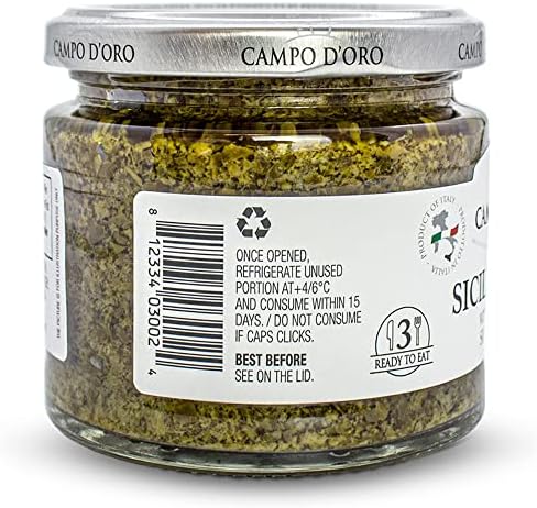 CAMPO D'ORO - Basil Pesto with Pecorino, Sicilian Creamy Pesto Recipe. Net Wt 6.35 oz (180g)