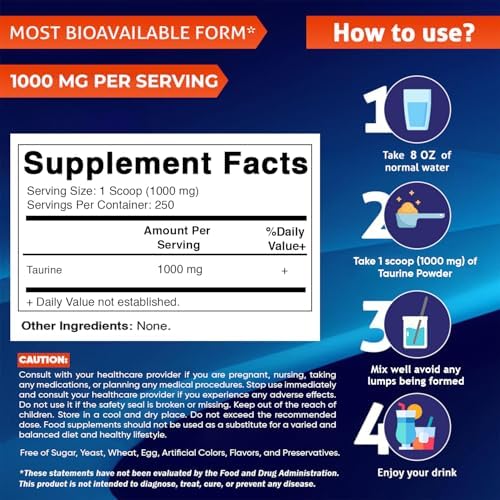 Vitamatic Pure Taurine 1000mg 250 Servings - Non-GMO, Gluten Free