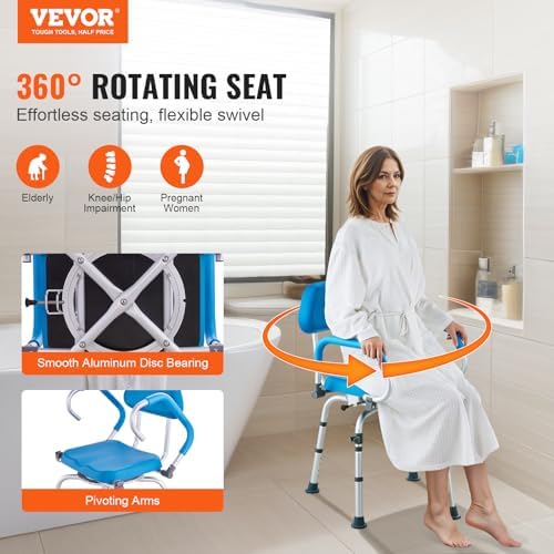 VEVOR Swivel Shower Chair 360 Degree, Adjustable Shower Seat with Pivoting Arms & Padded Bath Seat for Inside Shower or Tub, Non-Slip Rotating Bathtub Chair for Elderly Disabled, 300LBS Capacity