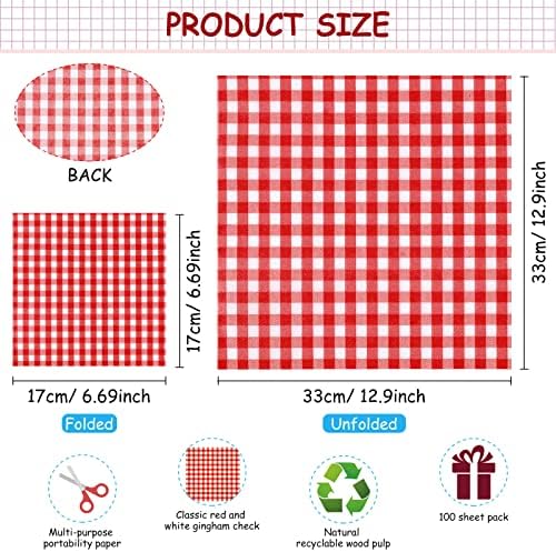 Tatuo 100 Pcs Gingham Paper Napkins Red and White Checkered Napkin Disposable Bulk 12.9x12.9 in Buffalo Plaid Dinner Paper Hand Towel 3 Layer for Picnic BBQ Birthday Wedding Cocktail Pizza Party