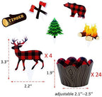 24 Pack Woodland Camping Lumberjack Deer Baby Bear Tree Campfire Axe Cupcake Toppers and Plaid Wood Grain Double Sided Cupcake Wrappers for Woodland Camping Lumberjack Party Supplies