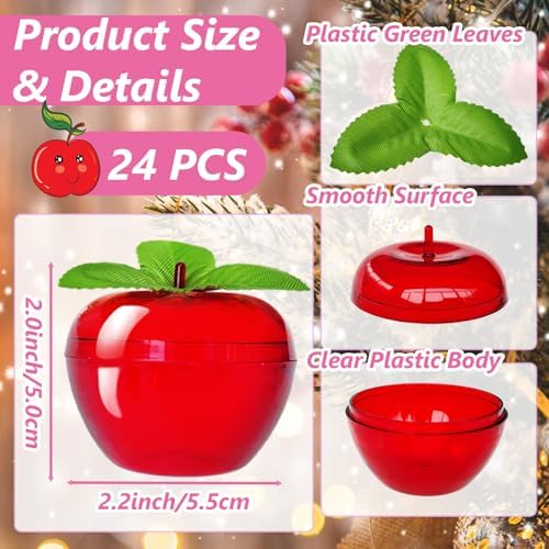 24Pack Plastic Red Apple Container,Teacher Week Gift Apple Shaped Candy Jar Filled Ornament Container Thank You Teacher Gifts,Valentine's Day Christmas Wedding Party