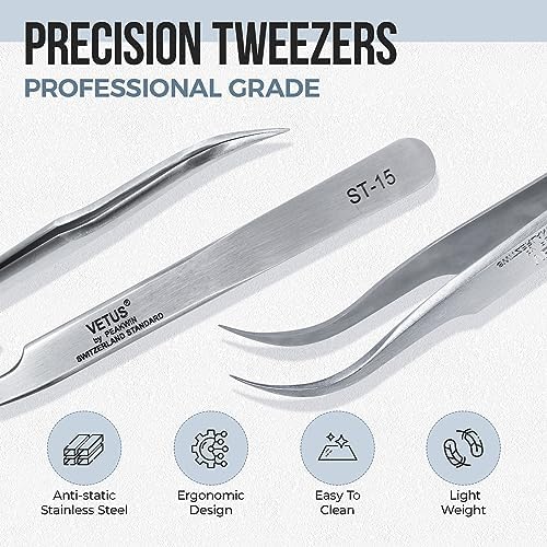 LASHVIEW Lash Tweezer, Vetus Curved Eyelash Tweezers for Profissional Grafting Eyelash Extension, Stainless Steel Needle Nose Tweezers for Lash Extension Stickers Precision Electronics, ST15