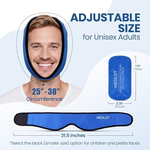 LotFancy Face Ice Pack Wrap for TMJ, Wisdom Teeth, with 4 Reusable Hot Cold Therapy Gel Packs, Pain Relief for Head, Oral and Facial Surgery, Dental Implants, Blue