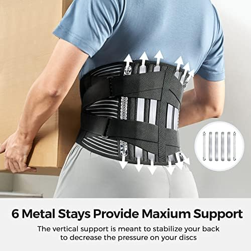 FREETOO Back Braces for Lower Back Pain Relief with 6 Stays, Breathable Back Support Belt for Men/Women for work , Anti-skid lumbar support belt with 16-hole Mesh for sciatica(L)
