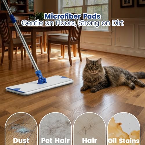 17.5 Inch Professional Microfiber Mop Floor Cleaning System, Heavy Duty Flat Mop with Stainless Steel Handle&Aluminum Alloy Base, 4 Reusable Washable Wet & Dust Mops Pads for Hardwood Tile Laminate