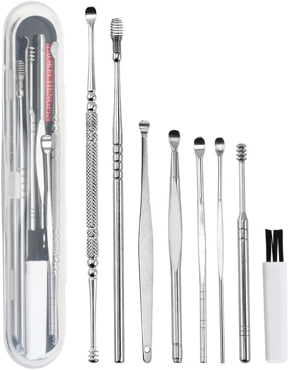 8 Pcs Ear Pick Earwax Removal Set, Stainless Steel Silvery Double Headed Ear Cleansing Tool Set, Ear Curette Ear Wax Remover Tool with A Cleaning Brush and A Storage Box