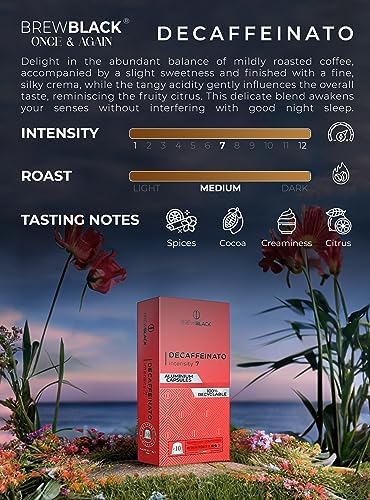 BrewBlack Decaffeinato Coffee Capsules - 100 Aluminum Coffee Pods Compatible with Nespresso Original line, Medium Roast - Intensity 7/12, Made in Italy
