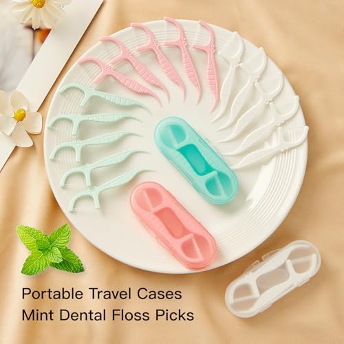 White Mint Dental Floss Picks, 2 Portable Travel Cases (10 Picks) 65 Refills, Double-Line Flossers for Tight Teeth, Fresh Breath, Plaque Removal, On-The-Go Oral Care