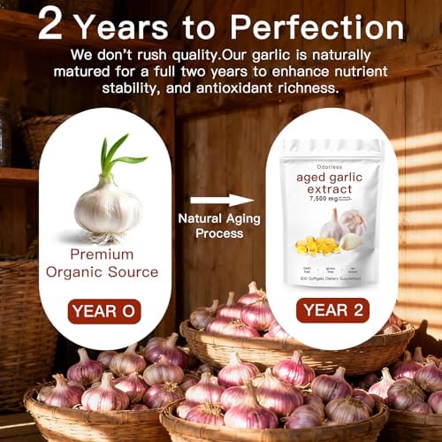 Aged Garlic Extract-300 Count 7500mg Odorless Organic Garlic Capsules Supplement for Heart & Immune Support – Vegetarian, Non-GMO, All-Natural Softgels, 2-Year Matured for Antioxidant Wellness