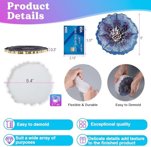 LET'S RESIN 4Pcs Resin Coaster Molds, Druzy Geode Agate Silicone Coaster Molds for Epoxy Resin, 5Inches Large Mould for DIY Art Craft Cup Mats, Durable and Flexible Moulds