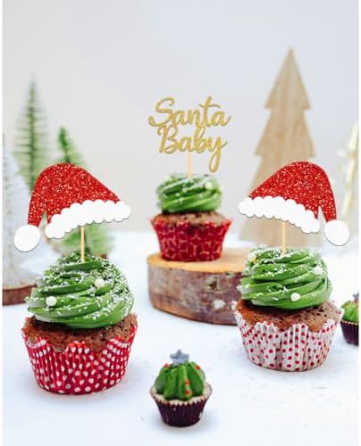 24pcs Glitter Christmas Santa Baby Cupcake Toppers, Christmas Hat Cupake toppers First Cake Decorations for Baby Shower Birthday Party Supplies (Baby A)