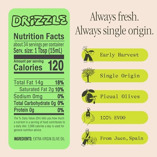 Graza Drizzle Extra Virgin Olive Oil, Finishing Oil - High Polyphenol Early Harvest EVOO Finishing Oil in a Squeeze Bottle - Single Origin Olive Oils from Spain - 16.9 Fl Oz (500ml)