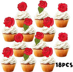 18pcs Red Rose Flower Dessert Cupcake Topper Valentine's Day Wedding Anniversary Bridal Shower Theme Decor Supplies Women Girl Happy Birthday Party Decorations
