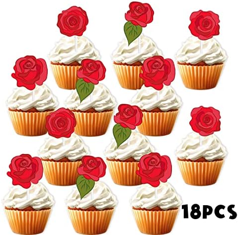 18pcs Red Rose Flower Dessert Cupcake Topper Valentine's Day Wedding Anniversary Bridal Shower Theme Decor Supplies Women Girl Happy Birthday Party Decorations