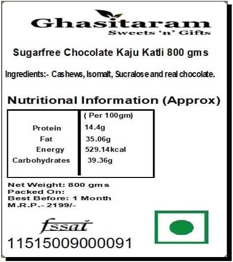 Ghasitaram Gifts Indian Sweets - Diwali Gifts Sugarfree Sweets - Sugarfree Chocolate Kaju Katli 800 GMS