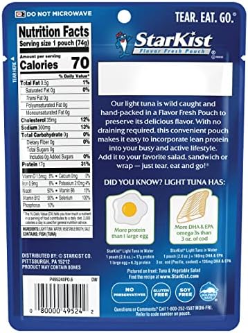StarKist Chunk Light Tuna in Water, 2.6 oz Pouch (12 Pack) Ready to Eat Wild Caught Tuna, 17g Protein, 70 Calories Per Serving, Gluten Free, Soy Free, Kosher, Perfect for Salads, Keto Meals and Snacks