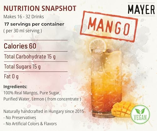 Mayer Mango Syrup for Drinks, Award-Winner, Premium Hungarian Fruit Syrup for Cocktails, Smoothies, Lemonade, Desserts - Crafted with 100% Real Fruits - Rich Taste, No Artificial Flavor, No Additives -Award Winning Artisanal Beverage 16 Oz, 1Pack