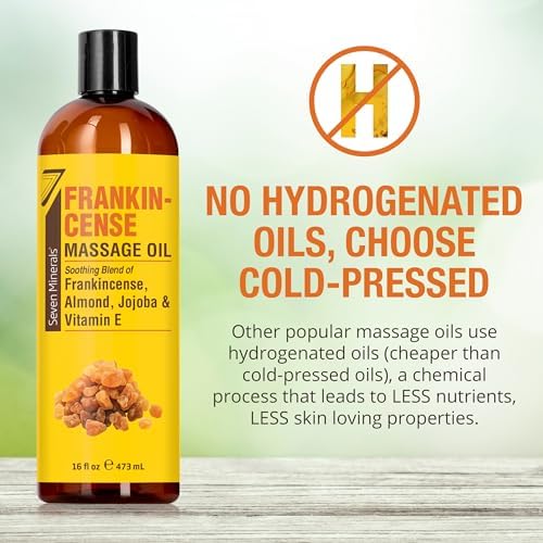 Seven Minerals Frankincense Massage Oil for Massage Therapy - Big 16 oz - Ideal for Professional or at-Home Body Massage. Soothing Natural Blend of Almond, Jojoba & Vitamin E