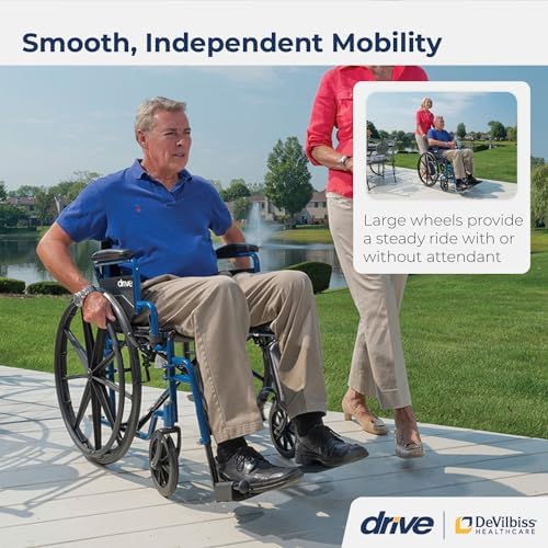 Drive Medical Blue Streak Lightweight Foldable Wheelchair - Enhanced Mobility Support - Durable Construction - Padded Comfort - Swing-Away Leg Rests - Desk Arms - Blue/Black - 20 Inch Seat