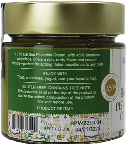 Pistachio Cream, Premium 45%, Smooth Sicilian Pistachio Spread, 7 oz (200g), Contains 45% Pistachio nuts, Sweet Pistachio Butter, Product of Italy, L’Oro Del Sud
