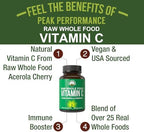 Peak Performance Raw Whole Food Natural Vitamin C Capsules from Acerola Cherry for Max Absorption. Vegan USA Sourced Vitamin C Supplement 90 Pills. 500 mg Serving or 2 Servings 1000mg