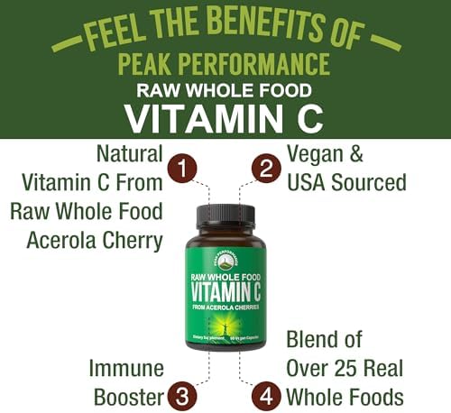 Peak Performance Raw Whole Food Natural Vitamin C Capsules from Acerola Cherry for Max Absorption. Vegan USA Sourced Vitamin C Supplement 90 Pills. 500 mg Serving or 2 Servings 1000mg