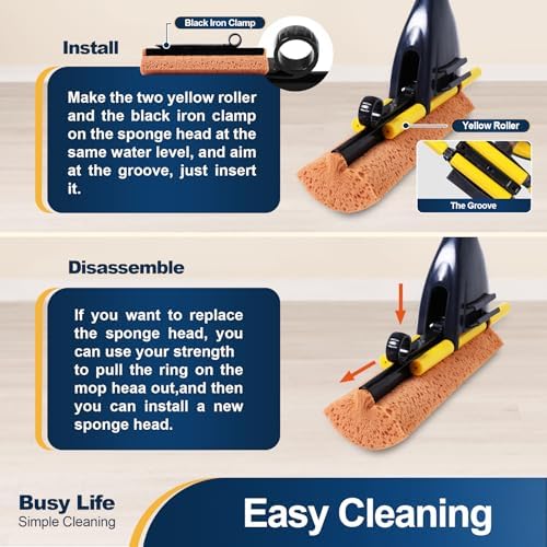 Yocada Sponge Mop Home Commercial Use Tile Floor Bathroom Garage Cleaning Total 3 Sponge Heads Squeegee and Extendable Telescopic Long Handle 42.5 to 52 Inches Easily Dry Wringing Only 3 Heads
