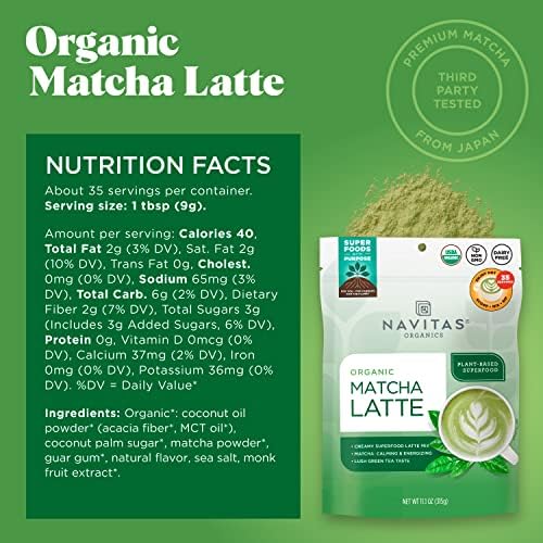 Navitas Organics Instant Matcha Latte Mix – Simple & Convenient Blend For Sweet & Creamy Latte – Mix With Water – Dairy Free & Low Sugar – USDA Organic, Non GMO, Gluten Free (11.1oz. Bag, 35 Servings)