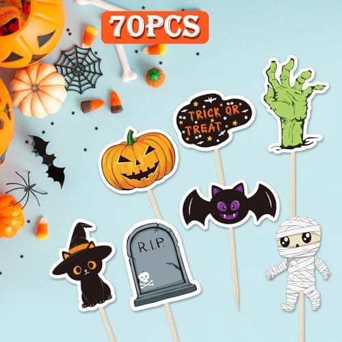NACHLYNN 70pcs Halloween Cupcake Toppers Spooky Haunted House Night Party Fruit Cake Decoration Favors
