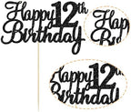 Gyufise 1Pc Happy 12th Birthday Cake Topper Glitter 12th Birthday Cake Pick Cheers to 12 Years Old Twelve Fabulous Cake Decorations for 12th Birthday Theme Party Supplies Black