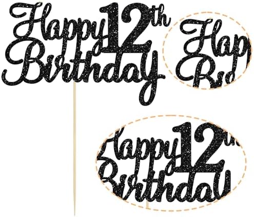 Gyufise 1Pc Happy 12th Birthday Cake Topper Glitter 12th Birthday Cake Pick Cheers to 12 Years Old Twelve Fabulous Cake Decorations for 12th Birthday Theme Party Supplies Black