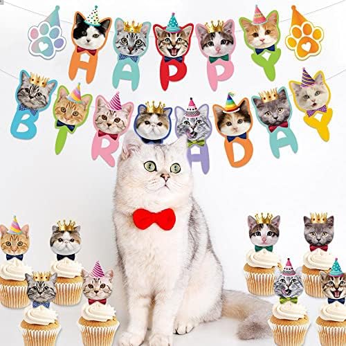 TSJ Happy Birthday Cat Banner, Kitty Cat Theme Party Bunting Decoration for Adoption Birthday Party Favors