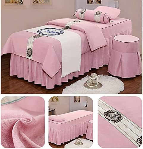 KKLT 4-Piece Microfiber Massage Table Sheet Set,Solid Color Massage Table Skirt Breathable Reusable for Beauty Facial Bed Bedding-Pink 185x70cm(73x28inch)