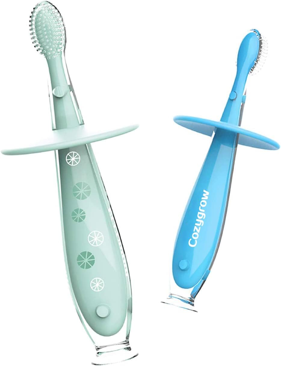 Baby Toothbrush with Suction Base - Gentle Cleaning for Toddler's Self-Brushing Training, Food-Grade Silicone, Extra Soft/Tough Bristles, BPA/Phthalate Free, Anti-chocking/Anti-Fall Design-2 Pack