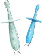 Baby Toothbrush with Suction Base - Gentle Cleaning for Toddler's Self-Brushing Training, Food-Grade Silicone, Extra Soft/Tough Bristles, BPA/Phthalate Free, Anti-chocking/Anti-Fall Design-2 Pack