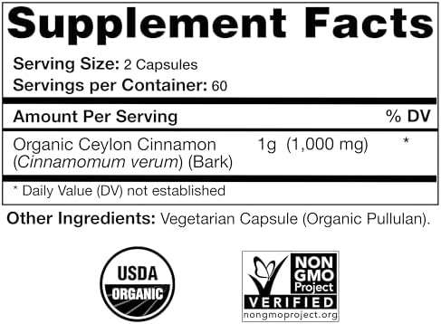 USDA Certified Organic Ceylon Cinnamon Capsules, Non-GMO Verified Supplement - 120 Capsules, 2 Month Supply