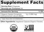 USDA Certified Organic Ceylon Cinnamon Capsules, Non-GMO Verified Supplement - 120 Capsules, 2 Month Supply