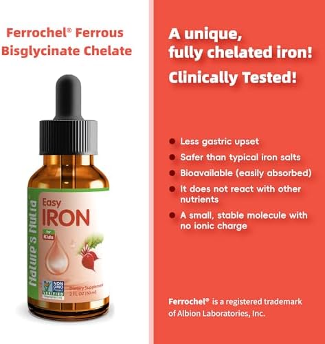 Nature's Nutra Easy Iron, Premium Liquid Iron for Baby, Infant, Kids and Children, Ferrochel, Anemia, Hemoglobin, Non-GMO, Kosher, 2 Fl. Oz (60ml)