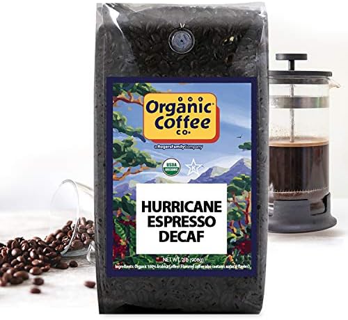 Organic Coffee Co. DECAF Hurricane Espresso Whole Bean Coffee 2LB (32 Ounce) Medium Dark Roast Natural Water Processed Decaffeinated USDA Organic