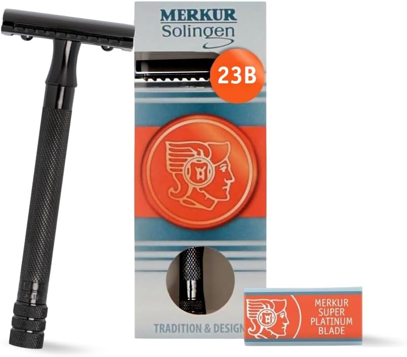 MERKUR 23B Double Edge Safety Razor - Black Long Knurled Brass Handle Made in Germany Plastic-Free Three Piece Design Closed Comb Straight Bar