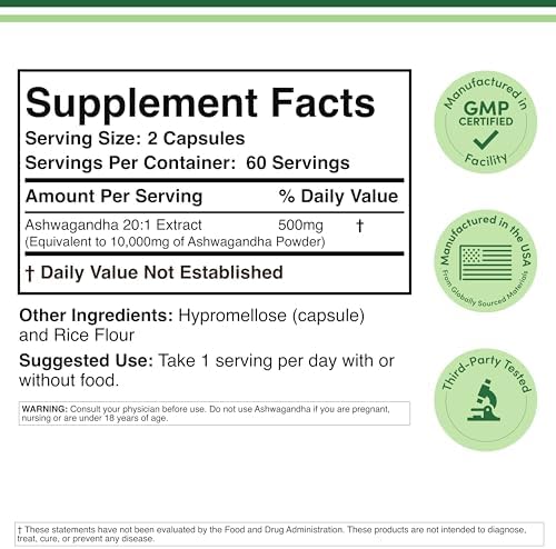Ashwagandha Capsules, 120 Count (500mg Extract 20:1 Potency) Adaptogen Stress Relief by Double Wood