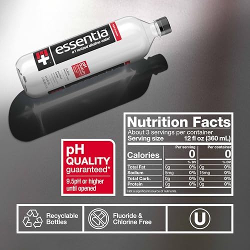 Essentia Water Bottled, Ionized Alkaline Water:99.9% Pure, Infused With Electrolytes, 9.5 pH Or Higher With A Clean, Smooth Taste, 1 Liter (Pack of 12)