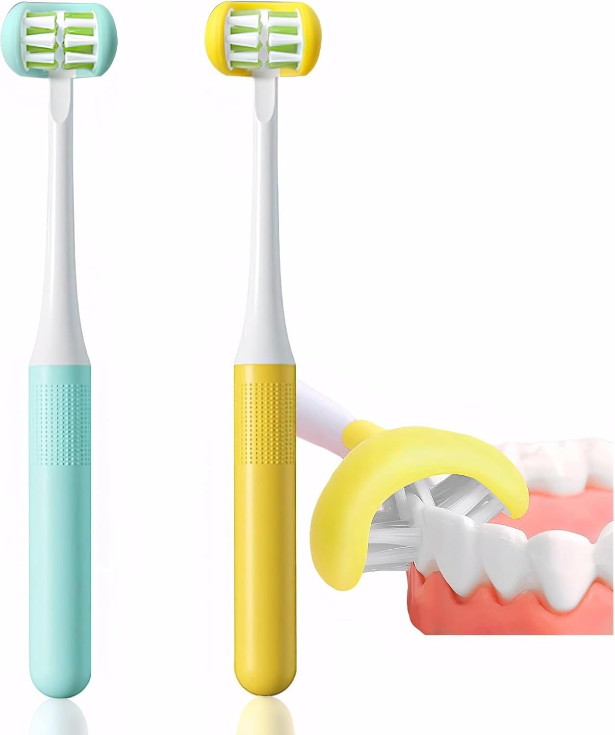 2 Pack 3 Sided Toddler Toothbrush, Dupont Soft Bristle Kids Toothbrush for Autism & Sensitive Gums, Complete Tooth & Gum Care (Blue+Yellow)