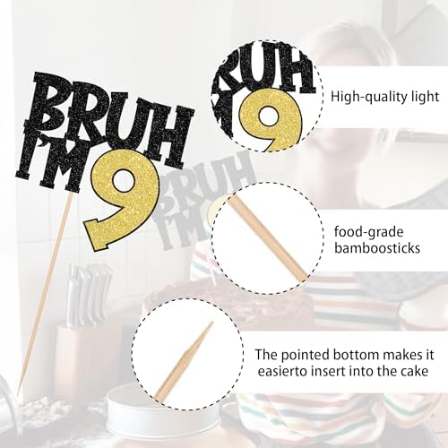 1 PCS Bruh I'm 9 Cake Topper Glitter Happy 9th Birthday Cake Pick Bro I'm 9 Cake Decoration It's My 9th Birthday Decorations for Cheers to 9 Years Old Anniversary Party Supplies Gold